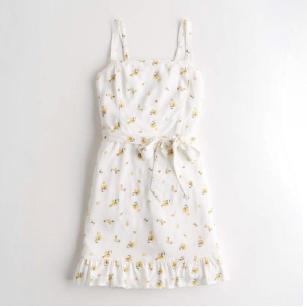 Hollister White Belted Ruffle-Hem Mini Dress